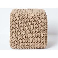 Homescapes Cube Cotton Knitted Pouffe Footstool in Beige