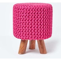 Homescapes Tall Cotton Knitted Footstool on Legs in Pink