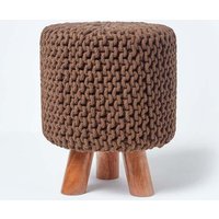 Homescapes Tall Cotton Knitted Footstool on Legs in Chocolate