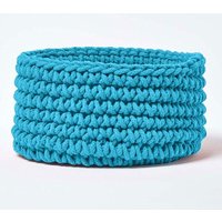 Homescapes Cotton Knitted Round Storage Basket, 37 x 21 cm in Teal | Size: Small