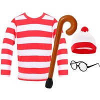 I Find Me Costume Top Hat Glasses & Inflatable Walking Stick Wheres Wally Inspired Costume
