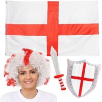 I England Curly Wig 5ft x 3ft Flag & Inflatable Sword & Shield Pack