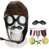 I Aviator Hat Goggles Moustache & Medals Set