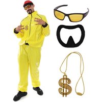 I 90s Rapper Costume Hat Glasses Goatee & Dollar Chain Yellow