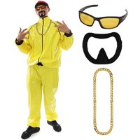 I 90s Rapper Costume Hat Glasses Goatee & Gold Chain Yellow
