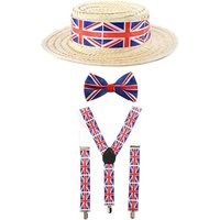 I Union Jack Boater Hat Bow Tie & Suspenders
