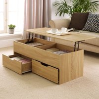 Home Source Wooden Coffee Table With Lift Up Top & 2 Large Storage Drawers in Light Oak