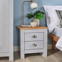 Home Source Bedside 2 Drawer Bedroom Oak Top Metal Handle Wood Nightstand in Grey
