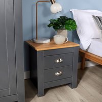 Home Source Bedside 2 Drawer Bedroom Oak Top Metal Handle Wood Nightstand in Dark Grey