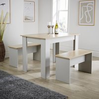 Home Source Dining Set Table Benches Wooden Unit Home Kitchen Seats 4 Two Tone in Grey