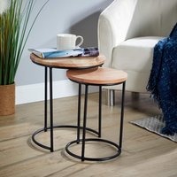 Home Source Nest 2 Tables Round Acacia Wood Tables Iron Legs Home Compact Storage in Light Oak