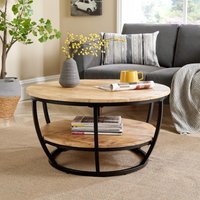 Home Source Cage Style Coffee Table Mango Wooden Top Iron Frame Storage Shelf Home in Light Oak