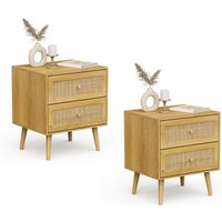 VonHaus Sienna 2 Drawer Set of 2 Rattan Fronted Bedside Table in Brown