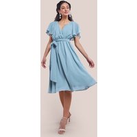 Flutter Sleeve Chiffon Wrap Midi Dress Pale