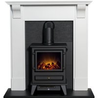 Adam Fires & Fireplaces Adam Harrogate Stove Fireplace in Pure White & Black with Hudson Electric Stove in Black, 39 Inch