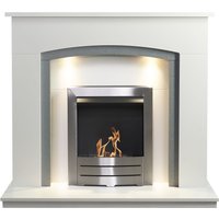 Adam Fires & Fireplaces Adam Savanna Fireplace in Pure White & Grey with Downlights & Colorado Bio Ethanol Fire in Brushed Steel, 48 Inch