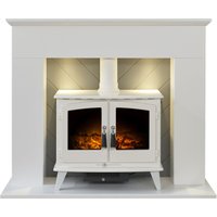 Adam Fires & Fireplaces Adam Corinth Stove Fireplace in Pure White & Grey with Downlights & Woodhouse Electric Stove in Pure White, 48 Inch