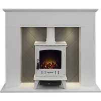 Adam Fires & Fireplaces Adam Corinth Stove Fireplace in Pure White & Grey with Downlights & Aviemore Electric Stove in White, 48 Inch