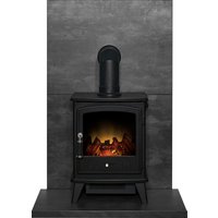 Acantha Fires & Fireplaces Acantha Tile & Hearth Set in Slate Venetian Plaster Effect with Aviemore Stove & Angled Pipe in Black