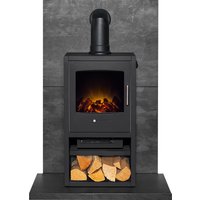 Acantha Fires & Fireplaces Acantha Tile & Hearth Set in Slate Venetian Plaster Effect with Bergen XL Stove & Angled Pipe in Grey