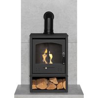 Acantha Fires & Fireplaces Tile & Hearth Set in Concrete Effect with OKO S2 Stove & Angled Pipe in Black