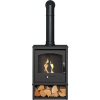 OKO Bio Ethanol Fires S2 Bio Ethanol Stove with Log Storage in Charcoal Grey with Tall Angled Stove Pipe in Black