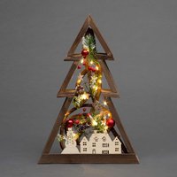 Shatchi 40cm Prelit Wooden Tree Frame Tabletop Decorations Xmas Ornament Gifts Decorated with Leaves Pine Cones Berries 3D Nordic Scene in Brown