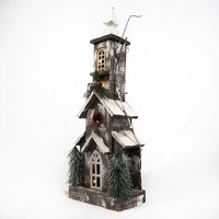 Shatchi Christmas Decoation Battery Operated Wooden House Tabletop Decorated with Berries, Pines & Small Warm White Bulbs in Brown