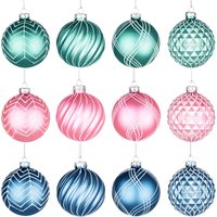 Christmas Glass Baubles 12pcs Set 8cm Green Pink & 12 Assorted Festive Designs Green