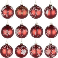 Shatchi Christmas Glass Baubles 12pcs Set - 8cm Red Ornaments with 12 Unique Festive Designs