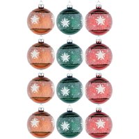 Shatchi Christmas Glass Baubles 12pcs Set - 8cm Orange, Green & Red with 3 Vibrant Designs in Orange