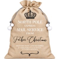 Shatchi 6cm Beige Hessian Christmas Sack with North Pole Express Print & Drawstring Closure in Green