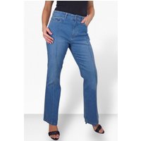 Paulo Due Women's High Rise Flared Denim Jeans with Front Pintuck Detail in Mid Blue | Size: 12