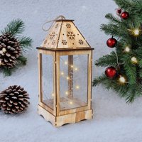 Pre Lit Wooden Christmas Lantern Snowflake Cut Out & LED String Lights Standing or Hanging Festive Decoration