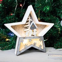 Battery Powered Wooden Light Up Christmas Star Festive Scene Ornament Snowman Carving Xmas LED Decoration H19 x W19 x D3.5cm