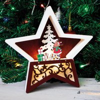 Wooden Light Up Christmas Star Festive Scene Ornament Reindeer & Tree Carving Home Xmas LED Decoration H19 x W19 x D3.5cm