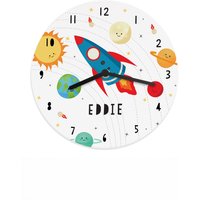 Personalised Memento Company Men's Personalised Rocket in Space Large Wooden Clock in White