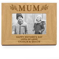 Personalised Memento Company Women's Personalised Floral Mum 6x4 Oak Finish Photo Frame in Light Brown