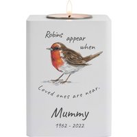 Personalised Memento Company Robins White Wooden Tea Light Holder