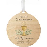 Personalised Memento Company Personalised First Holy Communion Round Wooden Decoration in Brown