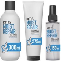 KMS Moist Repair Shampoo 300ml, Cleansing Conditioner 275ml & Leave-In Conditioner 150ml in Clear