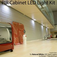 Loops 5x ALUMINIUM Ultra-Slim Round Under Cabinet Kitchen Light & Driver Kit - AUTO ON / Off-PIR - Natural White LED