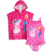 Peppa Pig Girl's Toddler Poncho Towel & 1 Piece Swimming Costume Set (Pink) in Pink | Size: 18-24 m