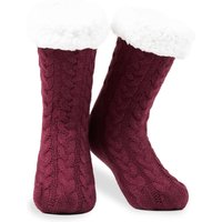 CityComfort Women's Fluffy Knitted Sock Slippers in Burgundy