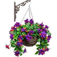 Primrose Artificial Fuchsia Flowers Rattan Hanging Basket Decoration Purple 25cm in Green