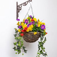 Artificial Wildflower Flowers Rattan Hanging Basket Decoration Purple Yellow & Orange 25cm