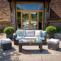 Primrose Living Classic Rattan 5 Seater Garden Furniture Sofa Set with Coffee Table & Footstools in Stone in Grey