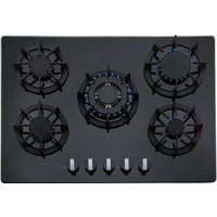 SIA 70cm 5 Burner Black Glass Gas Hob With Cast Iron Pan Stands & Wok Burner