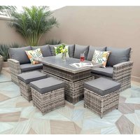 Furniture Maxi Rosen 9 Seater Rattan Garden Dining Set With Lift-Up Table & 3 Stools in Grey