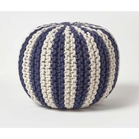Homescapes Knitted Pouffe Striped Footstool 35 x 40 cm in Navy